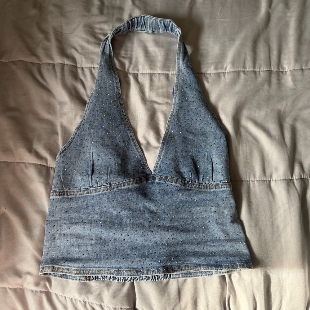 Embellished Denim Halter Top